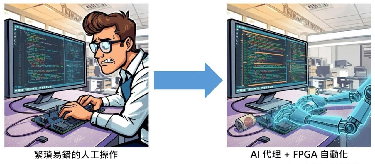 FPGA 開發流程比較圖：傳統方式 vs AICOFORGE AI 自動化方式，展示效率提升與時間節省
